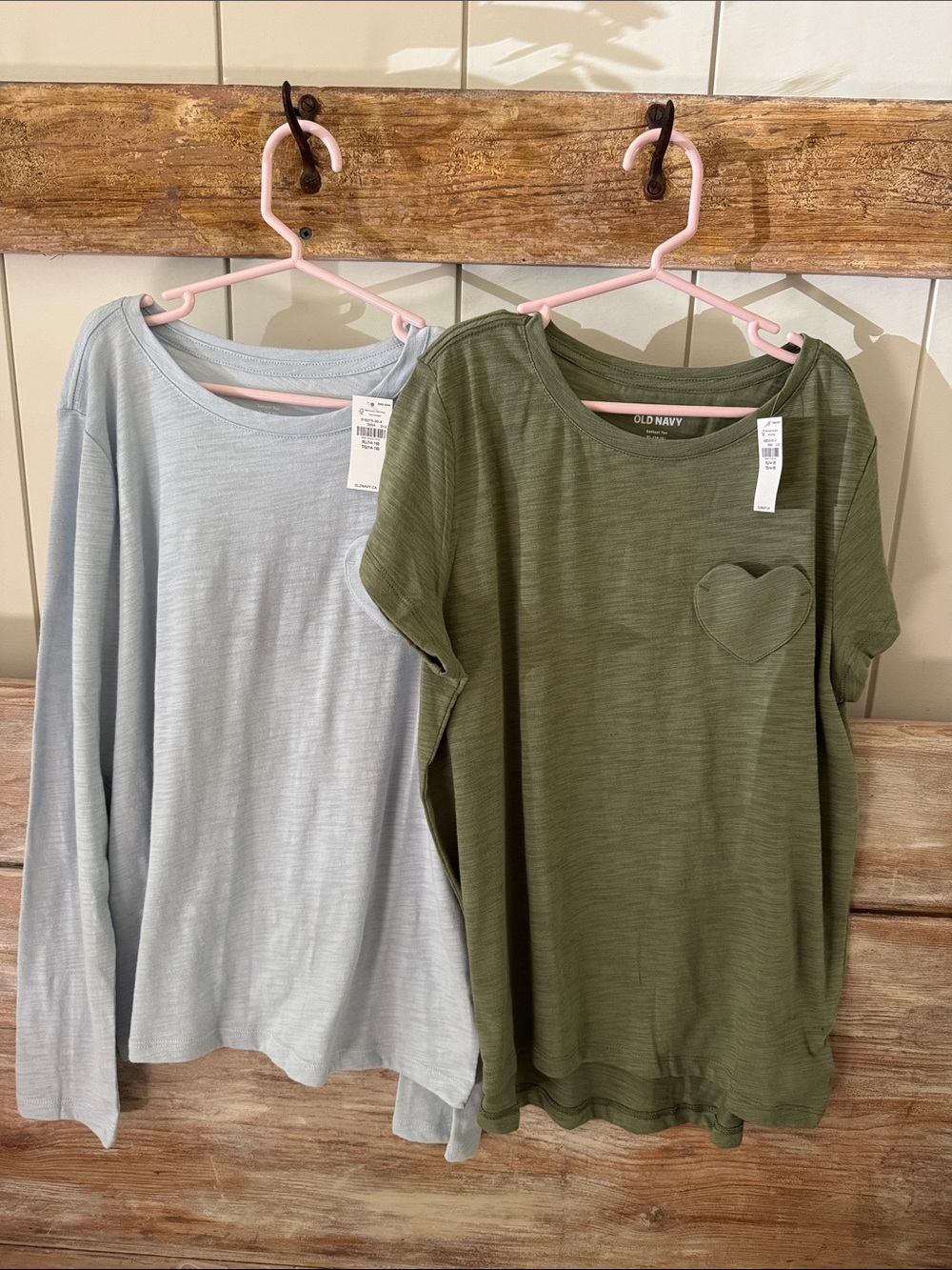NWT Old Navy softest tee Olive Green and baby blue Long-Sleeve Heart Pocket Tee